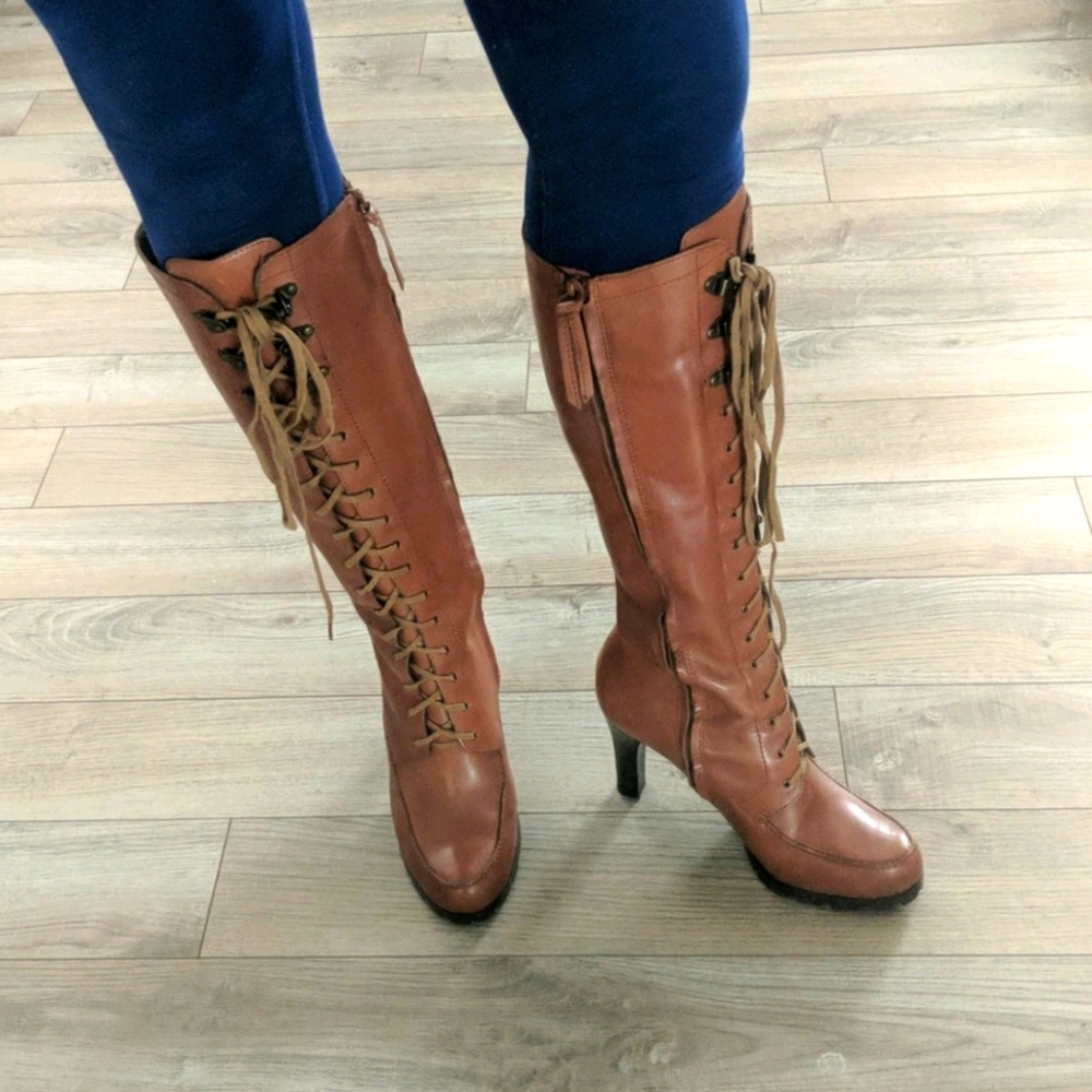 Ralph Lauren Knee High Leather Lace-up Boots